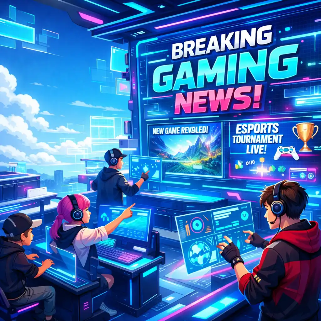 Nowoczesna redakcja gamingowa z holograficznym ekranem
